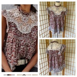 Anthropologie Othilia Malia Ruffle Crochet Lace CottageCore Floral Blouse SZ M